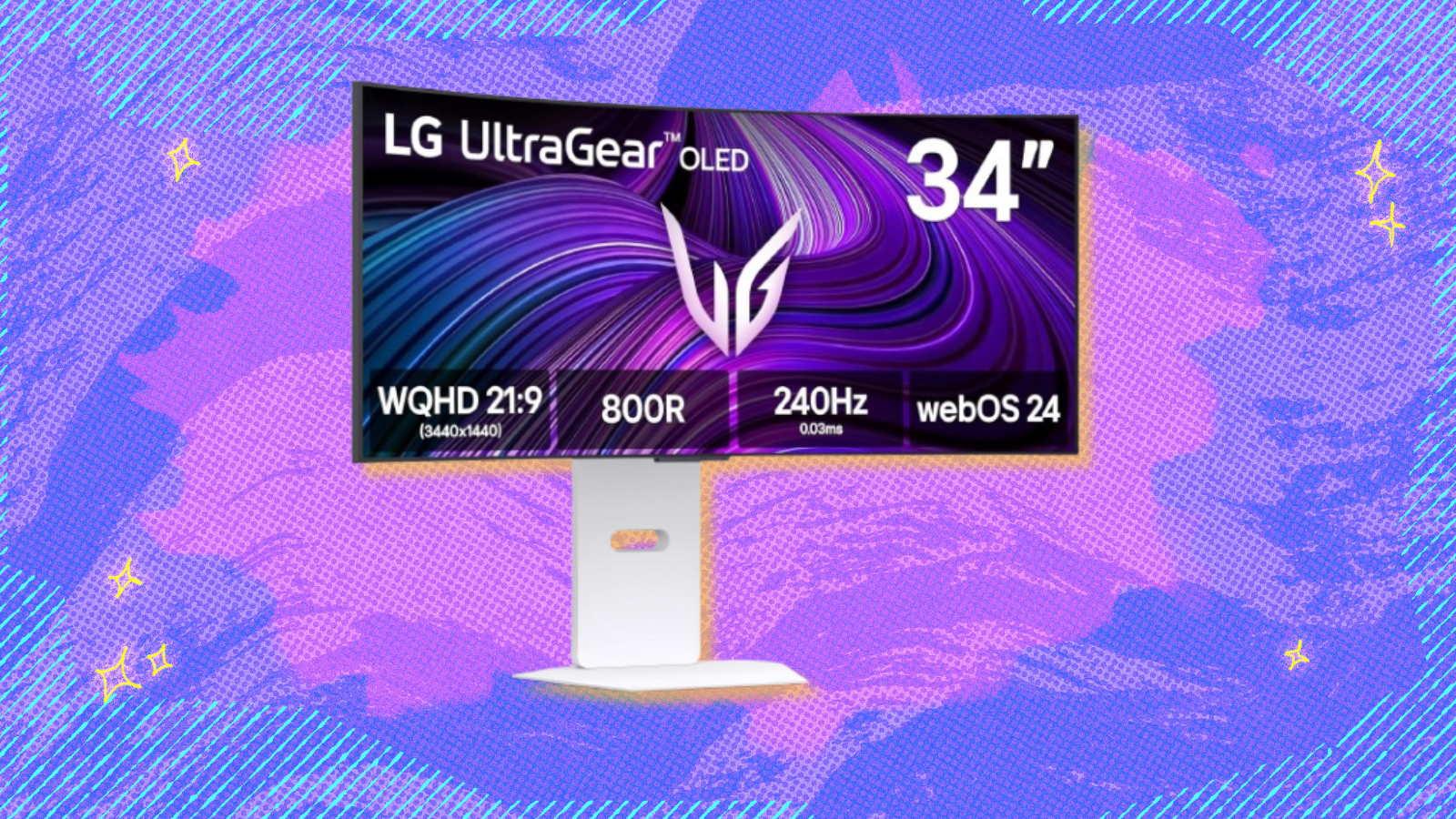 LG UltraGear OLED gaming monitor with purple background