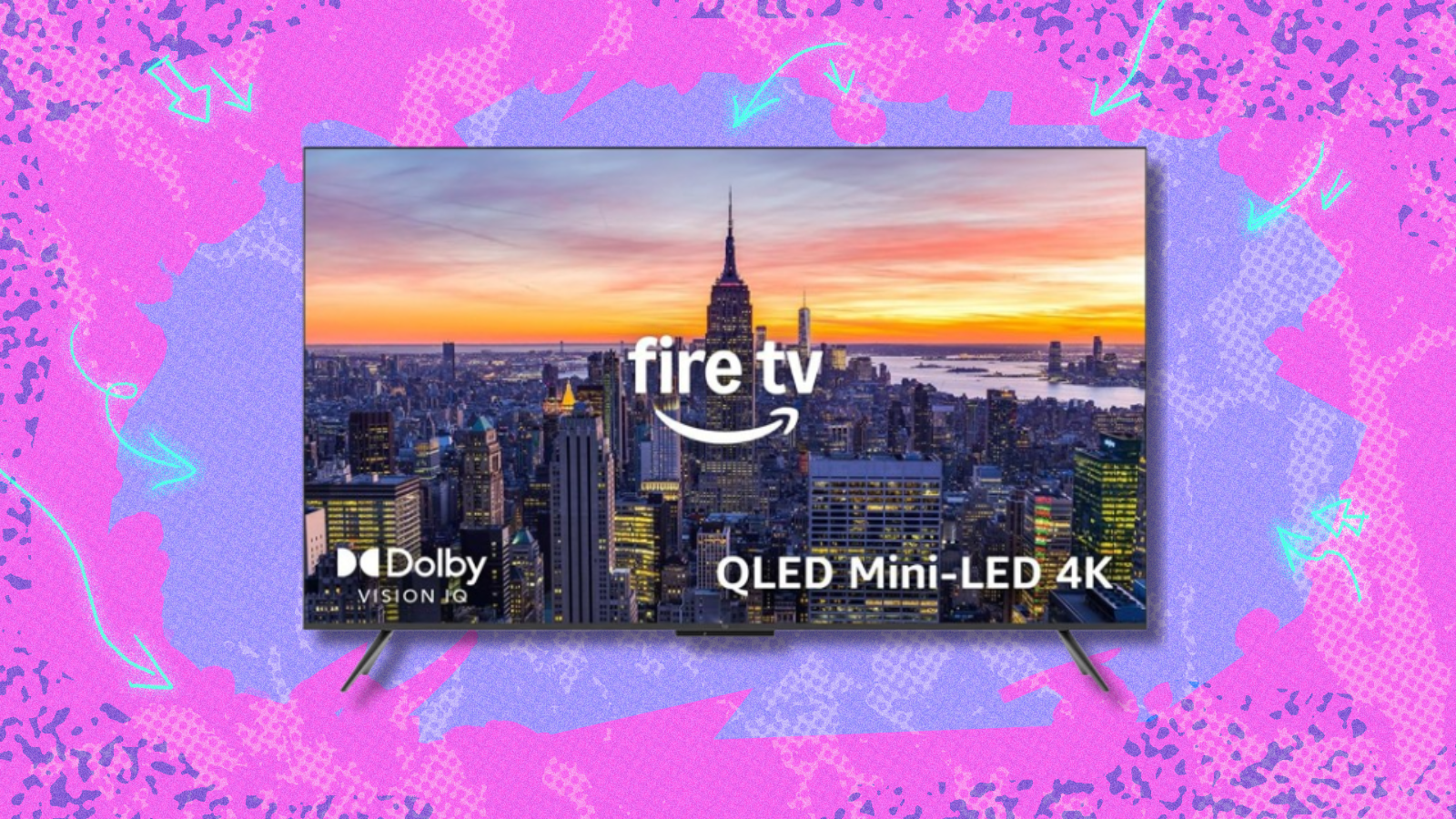 Amazon Omni Mini-LED QLED Fire TV with purple and pink background