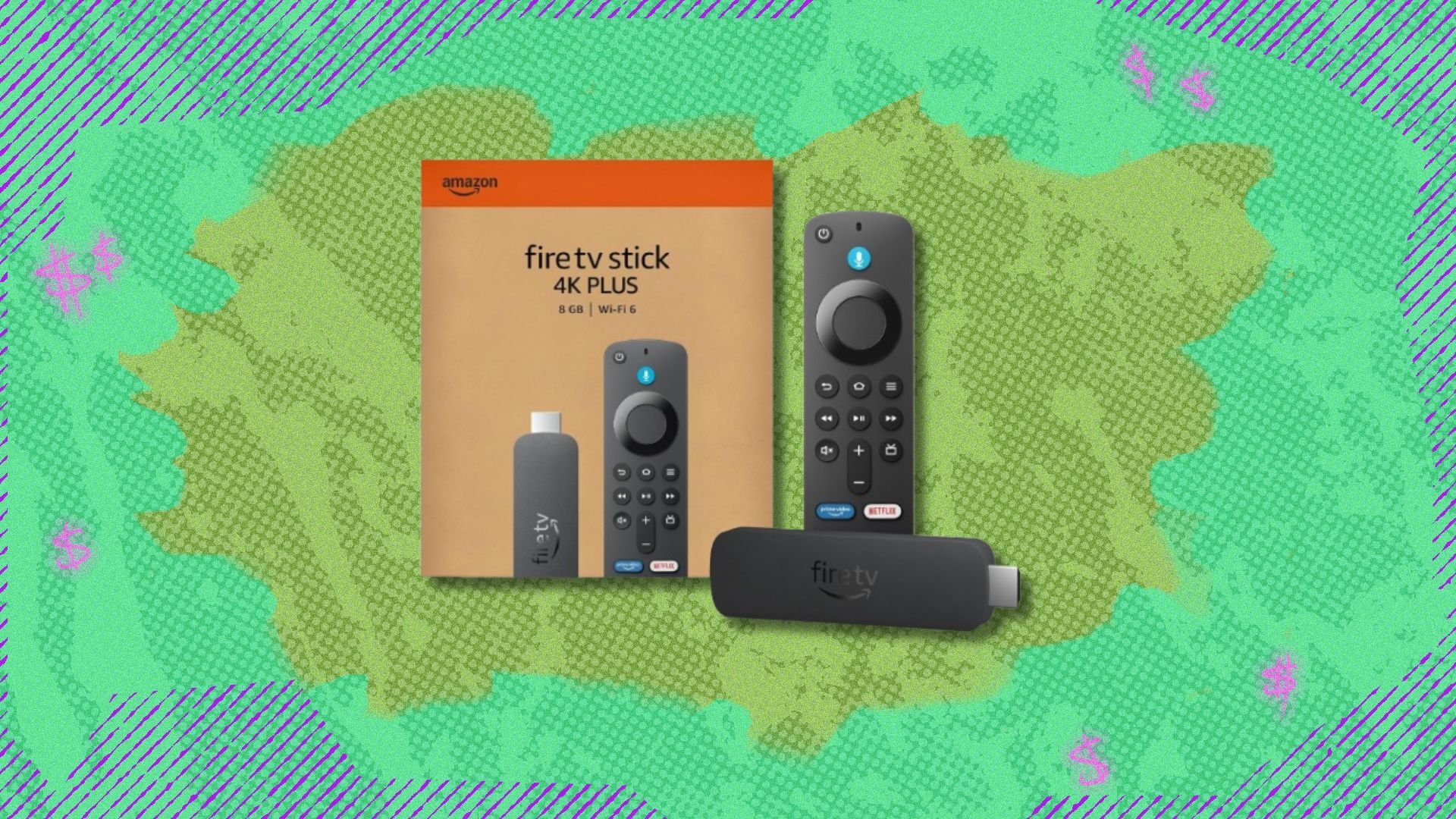 the Amazon Fire TV Stick 4K Plus with its box on a background with several shades of green