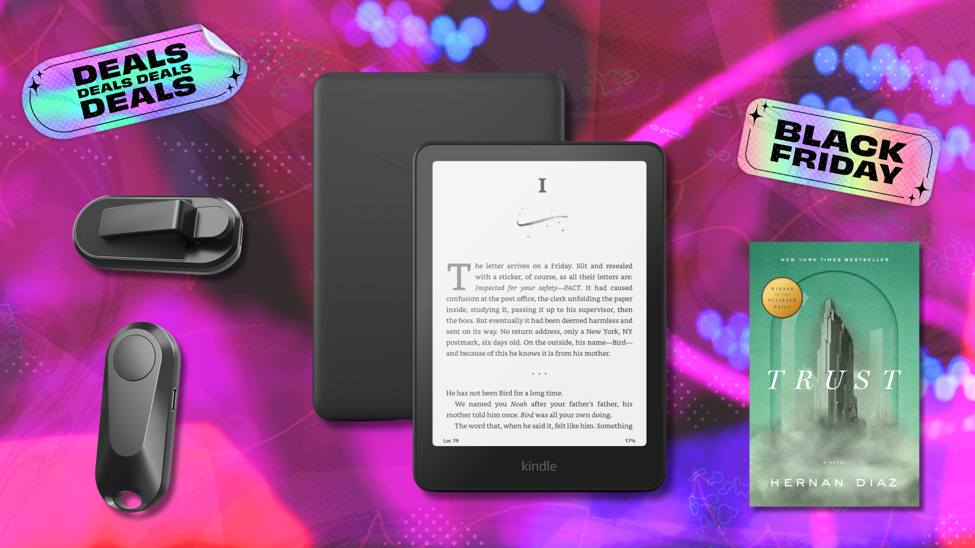 A Kindle, Book, and page turning remote on a colorful background.
