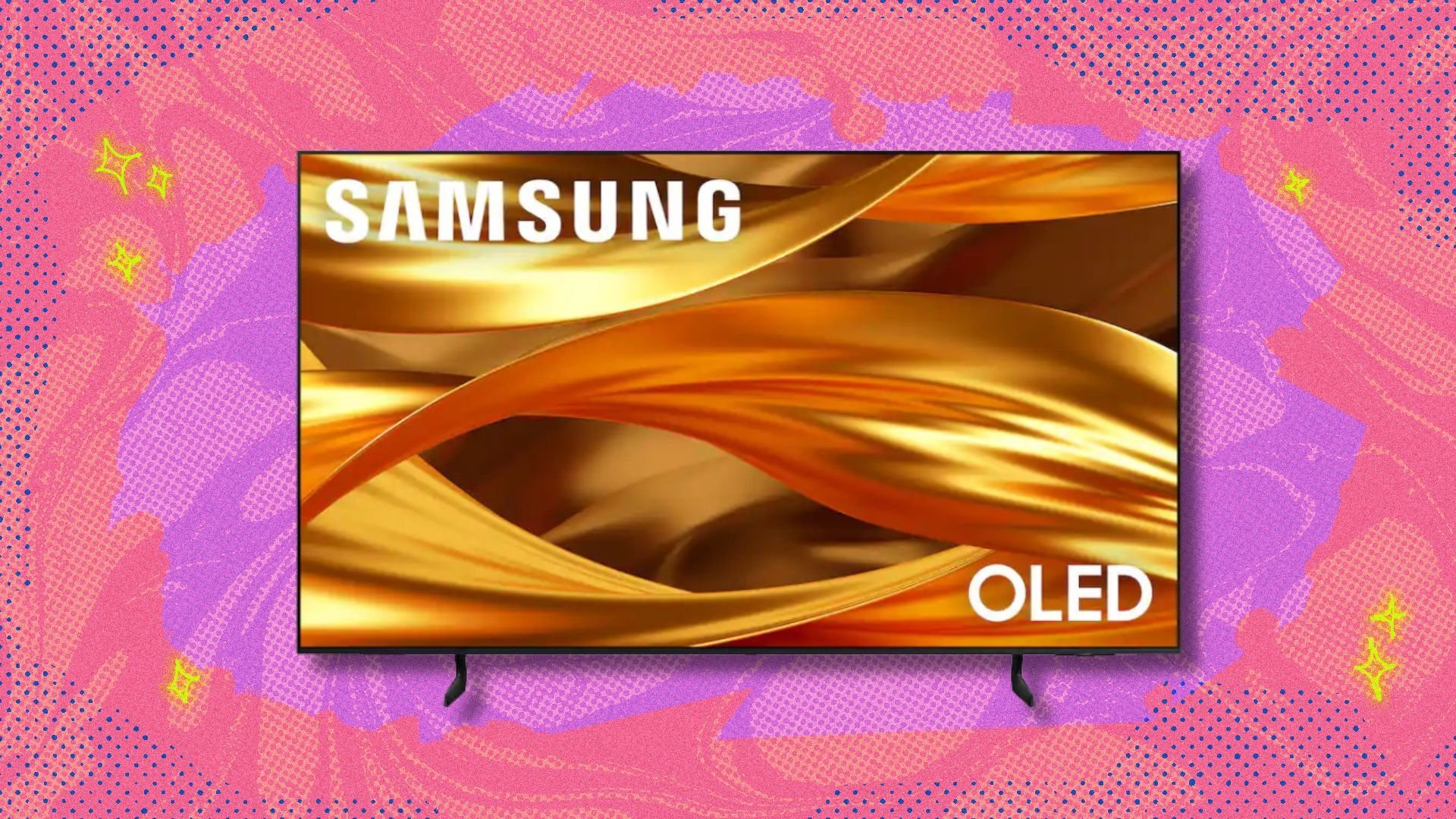 samsung 65-inch class s84f oled 4k tv against a pink and purple patterned background