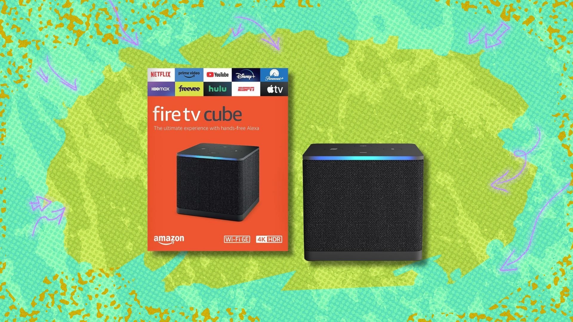 fire tv cube against a green patterned background