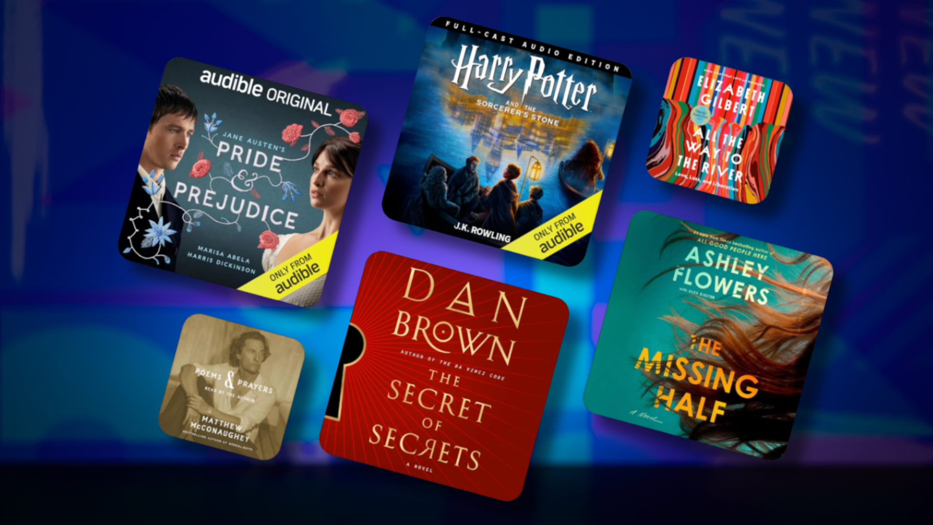 Audiobook covers on a colorful background