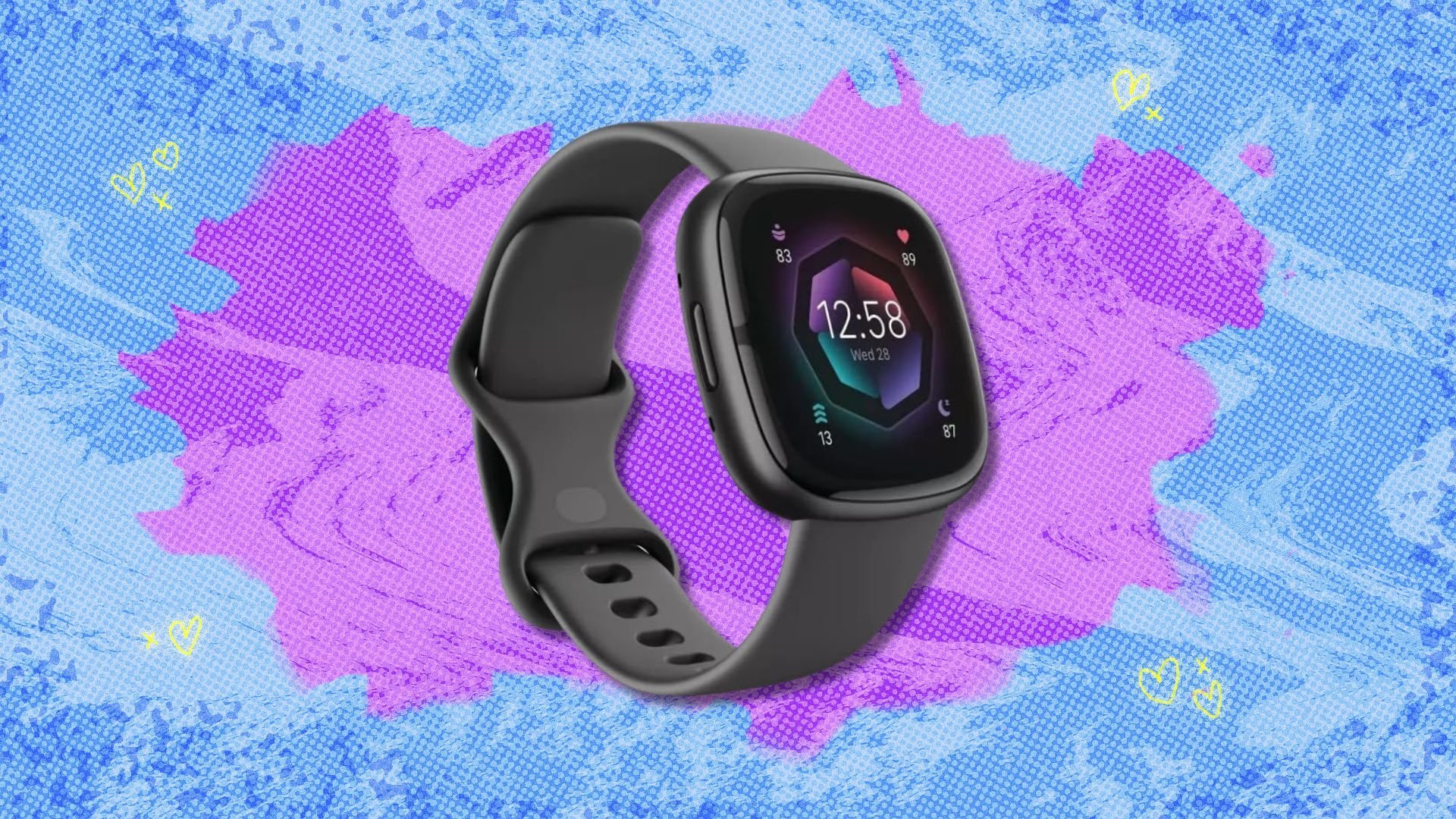 fitbit sense 2 against a blue and purple patterned background