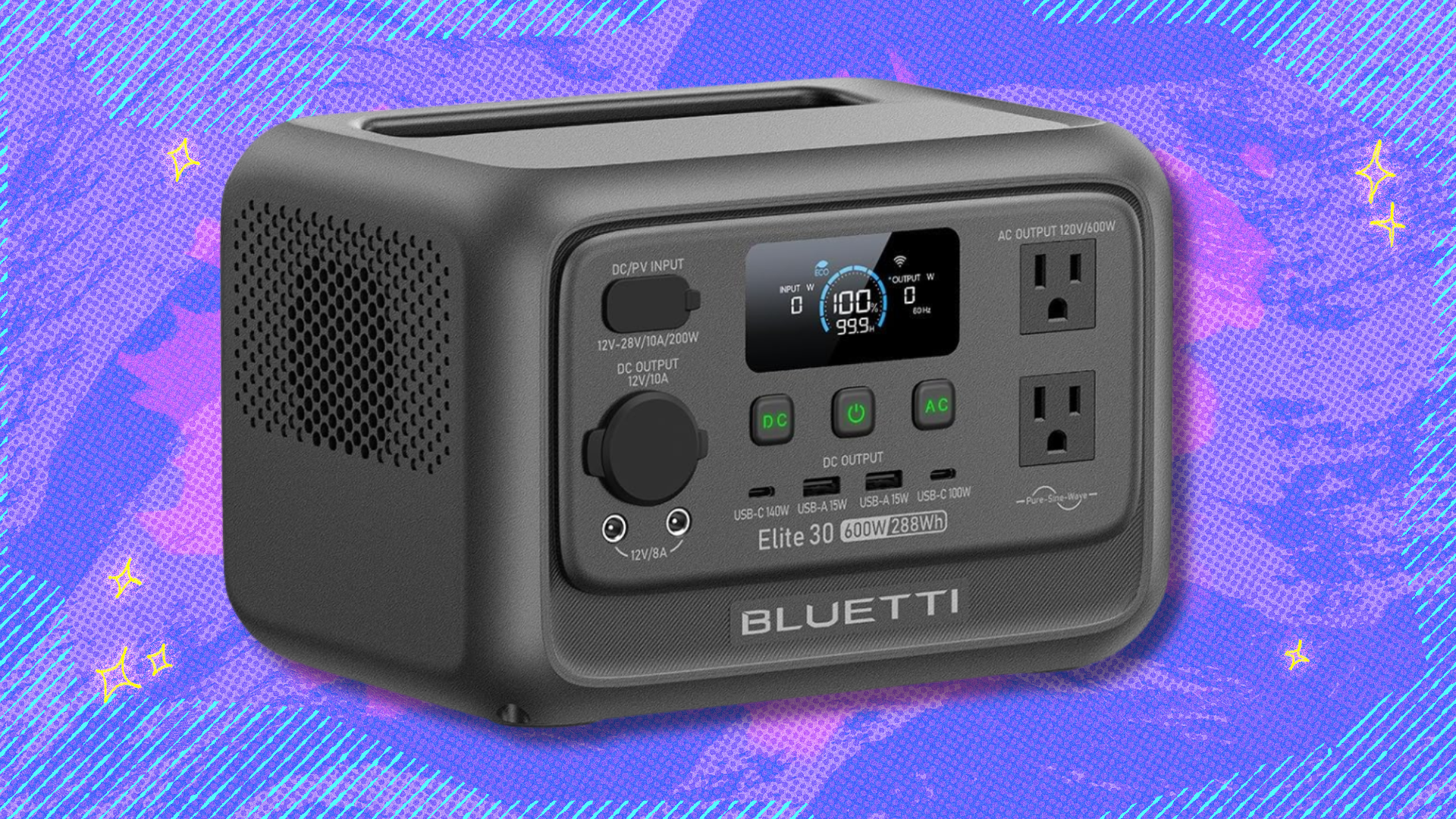 Bluetti Elite 30 v2 portable power station on pink and purple abstract background