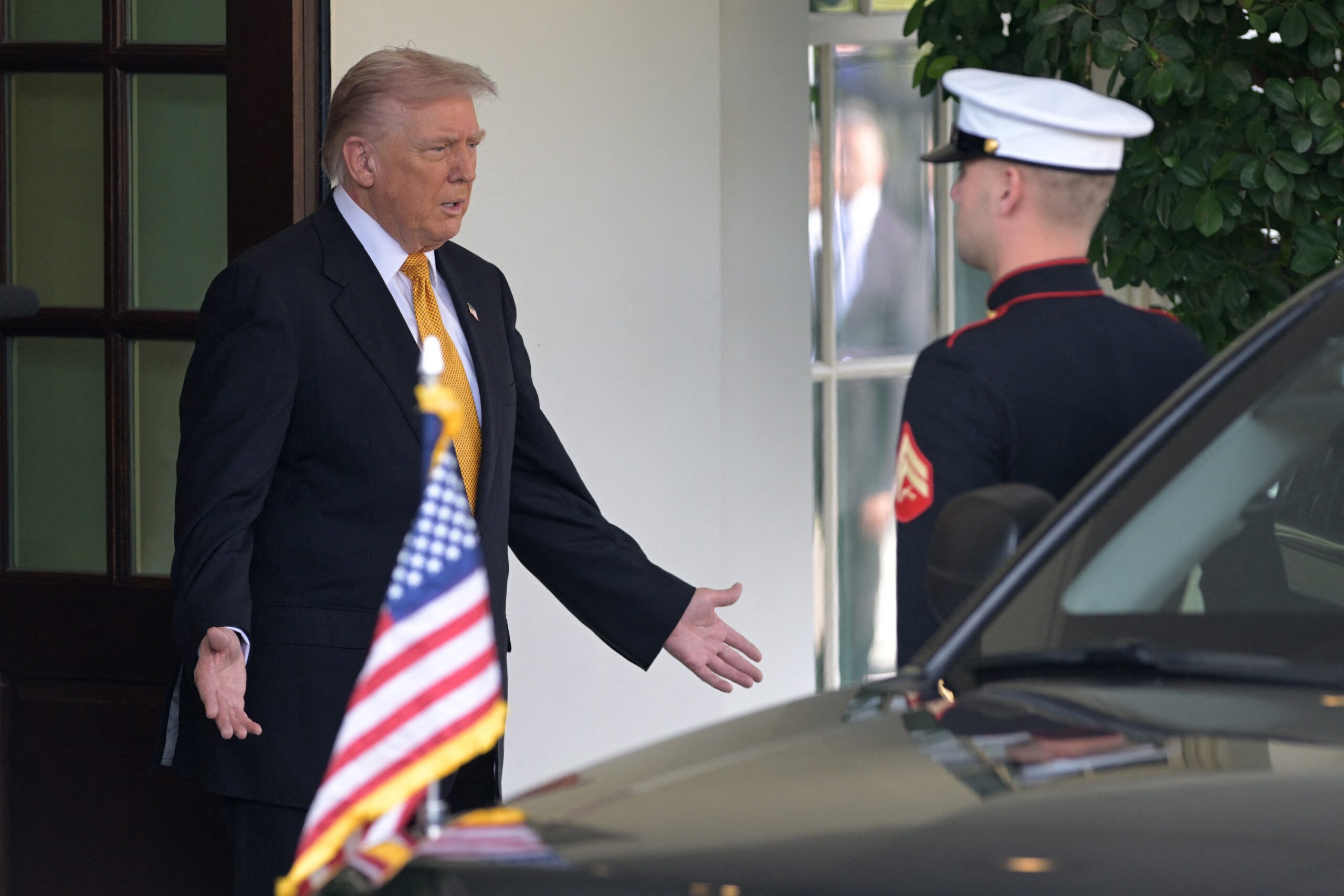 President Trump stands with his arms outstretched at his sides and a questioning look on his face.