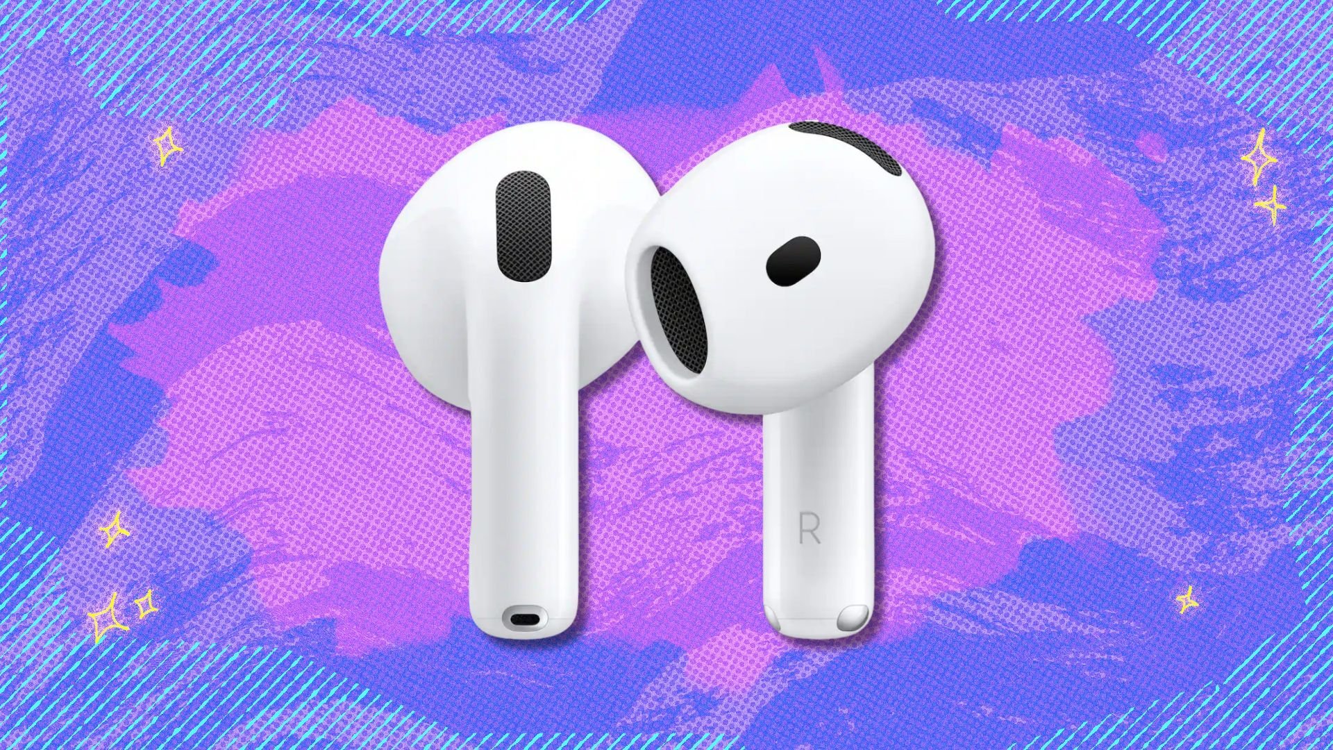 airpods 4 earbuds against a purple patterned background