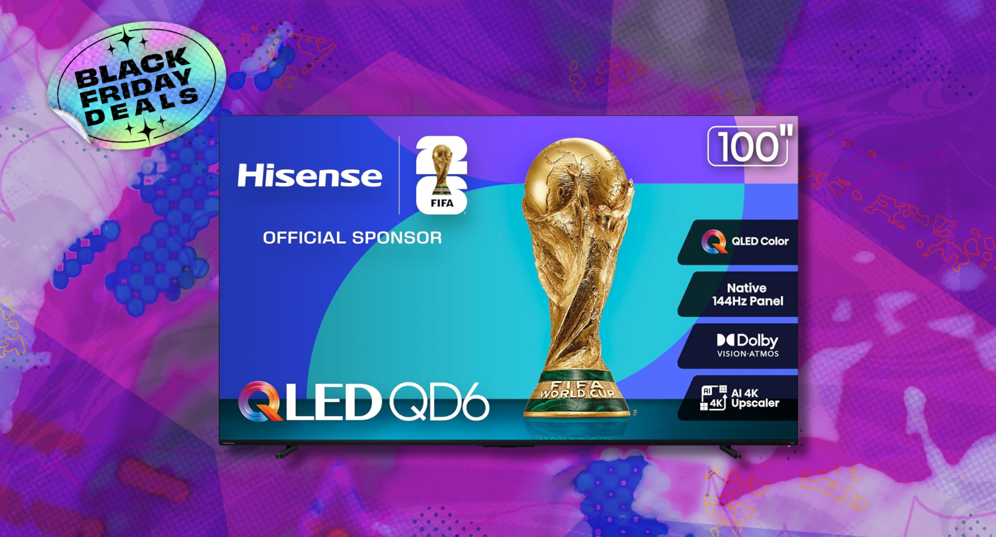 A 100-inch Hisense TV against a colorful background.