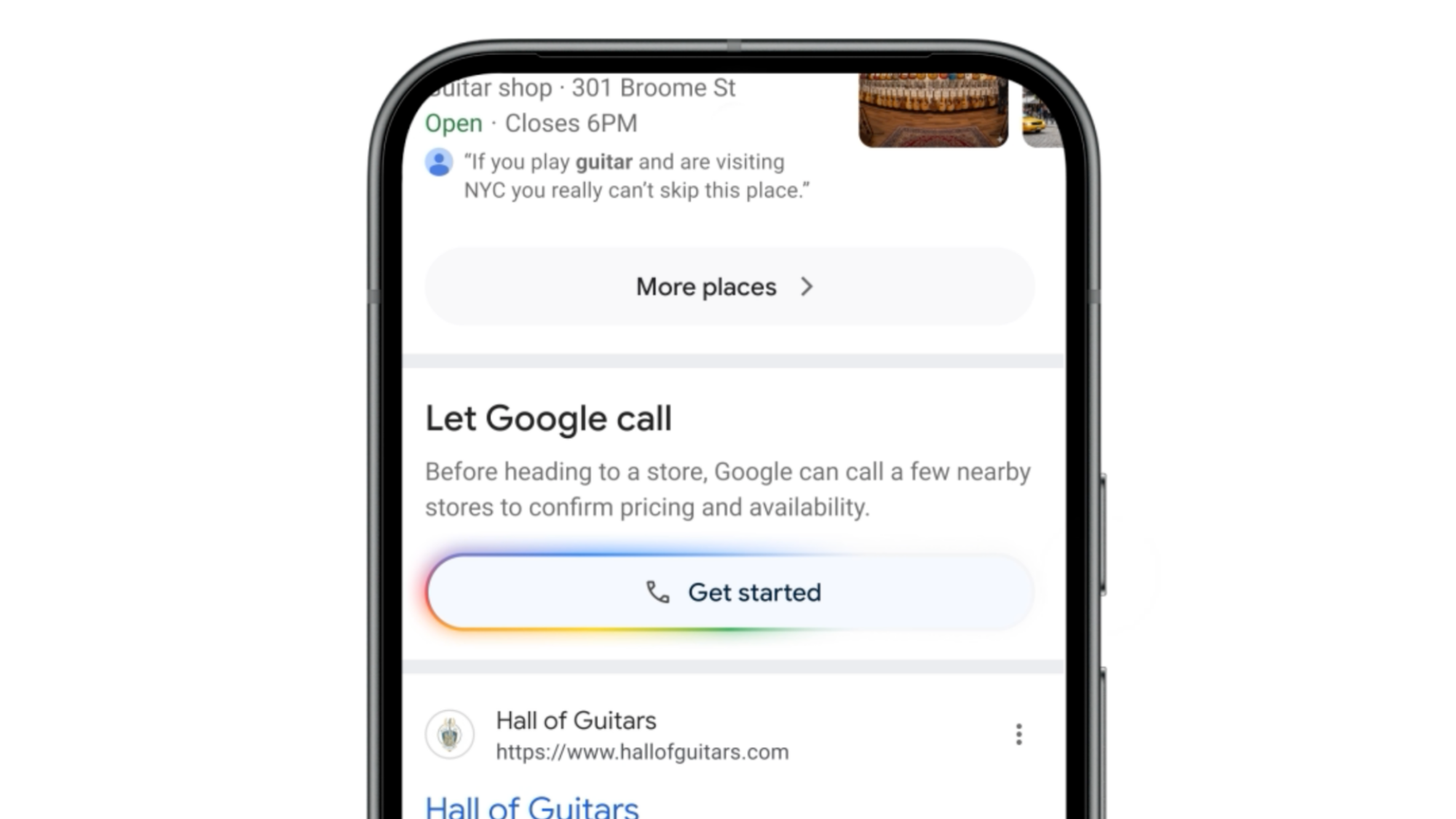 Google on a smartphone, showing the new "Let Google call" button.