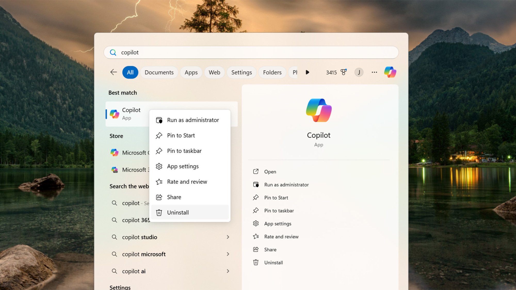 A screenshot of the Copilot app's settings in Windows 11, with the uninstall option highlighted.