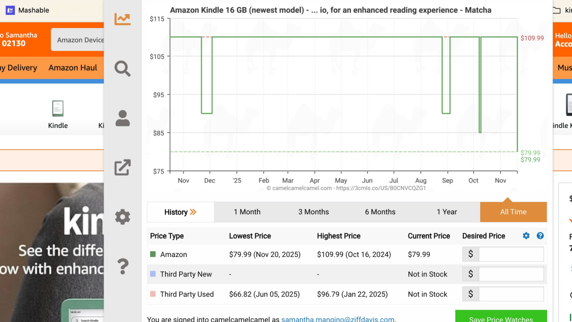 A screenshot of a Kindle's price history