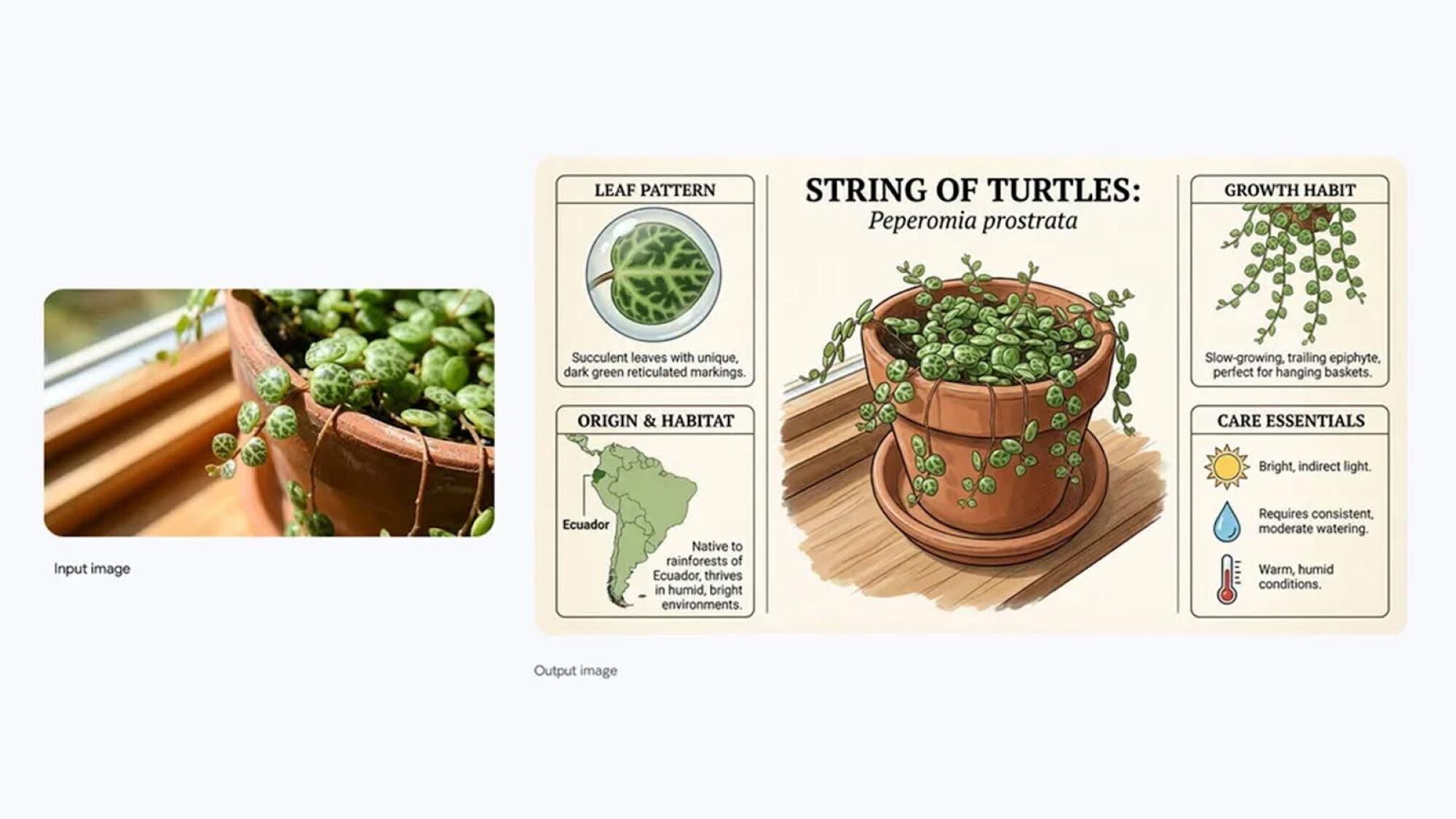 An AI-generated infographic showing care instructions and properties of the string of turtles housplant
