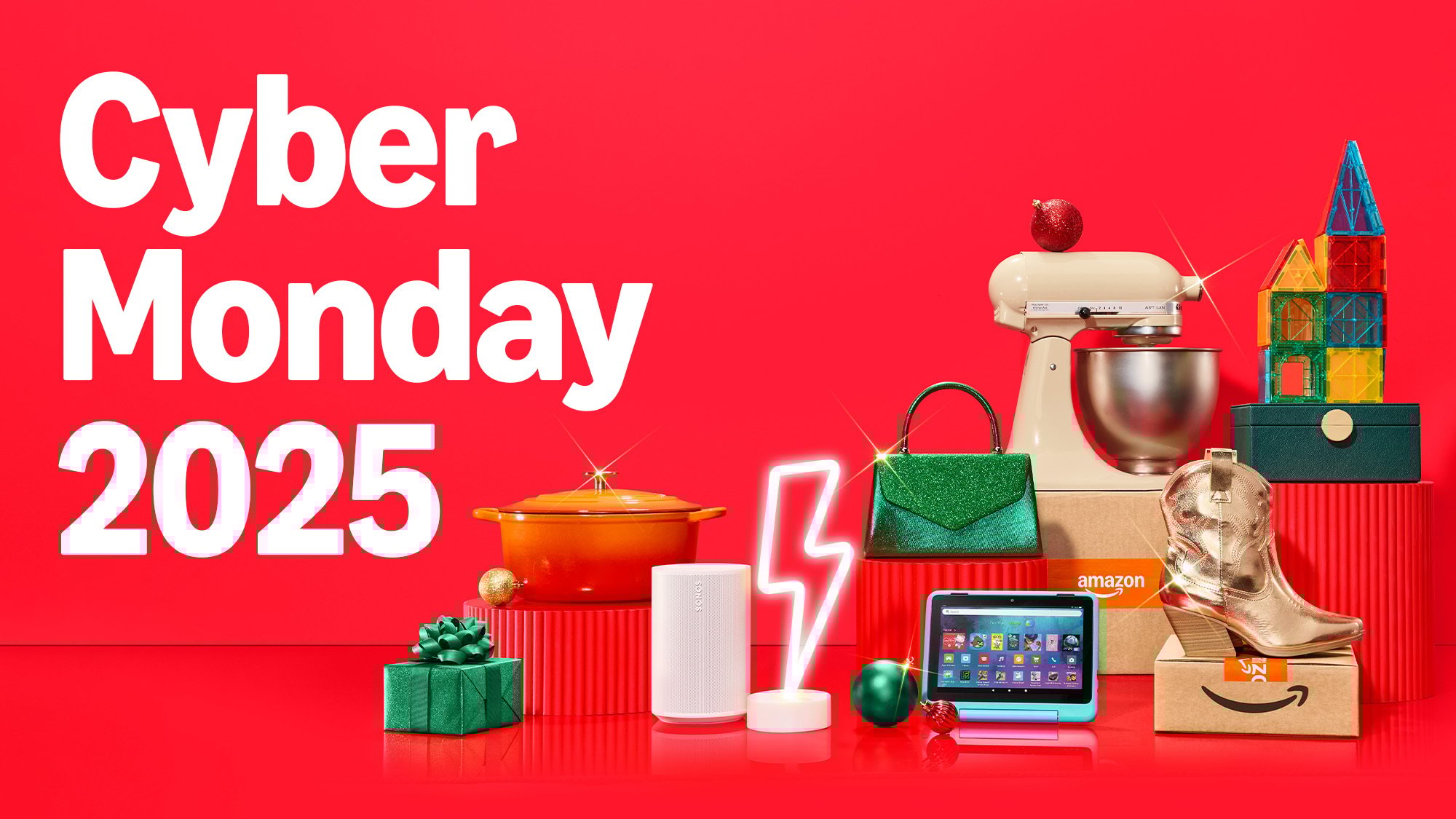 Cyber Monday ad for Amazon with packages and gifts and red background