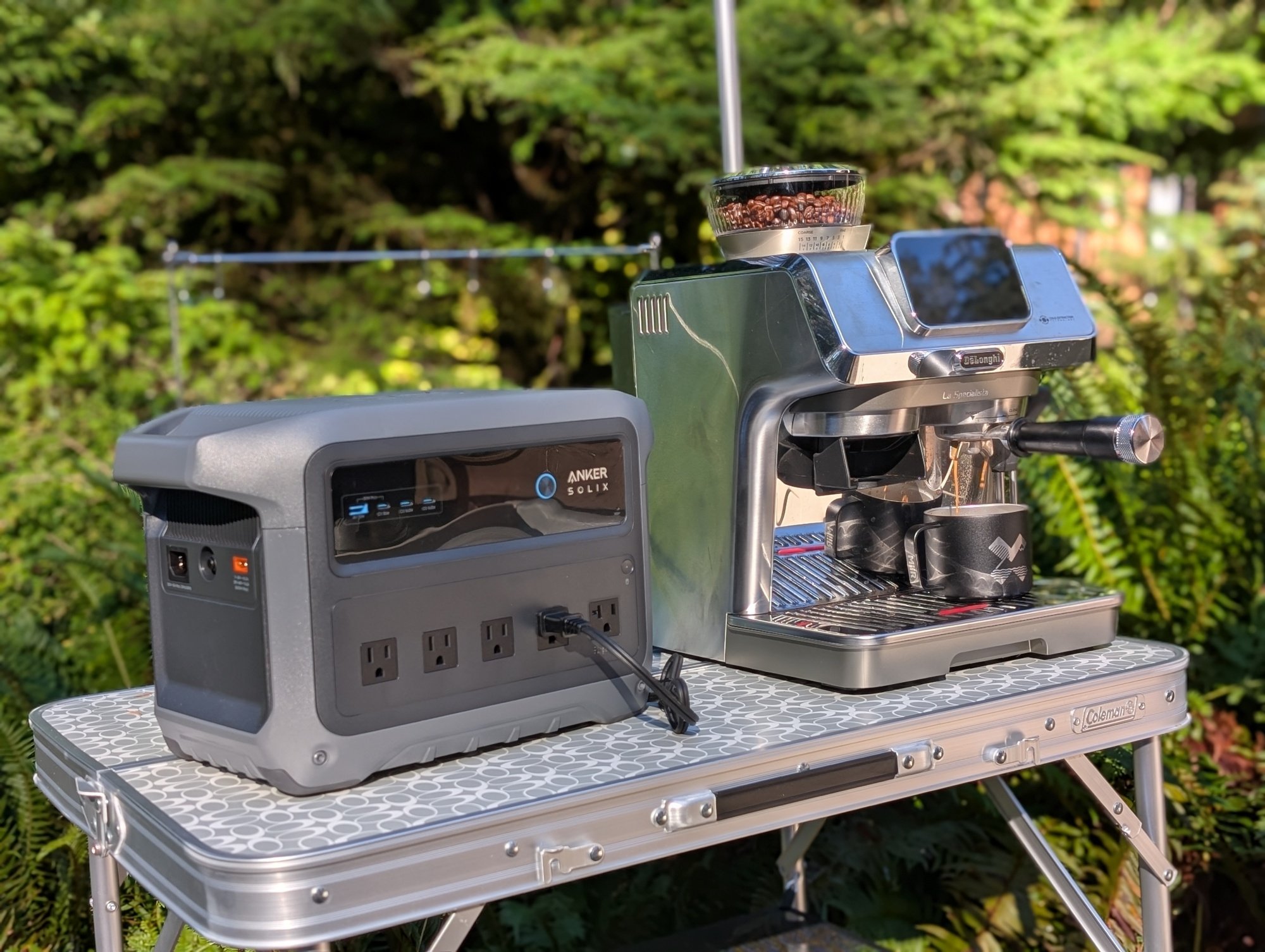 the anker solix c1000 gen 2 powering a de'longhi espresso machine