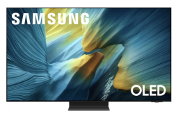 Samsung S95F OLED TV with blue and yellow cavern screensaver