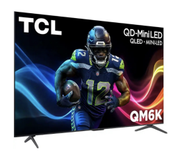 TCL QM6K TV with football player and colorful light streaks on screen