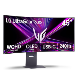 LG 45-inch Ultragear OLED curved gaming monitor on white background