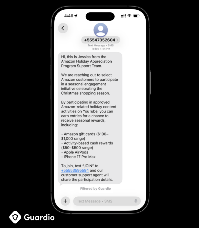 Example scam text message from Guardio.