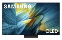 Samsung S95F OLED TV with blue and yellow cavern screensaver