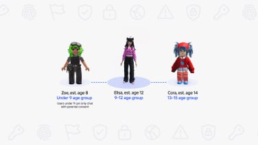 Three Roblox user characters grouped into different age categories.