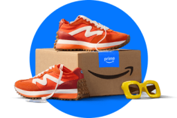 amazon prime bog with sneakers and sunglasses