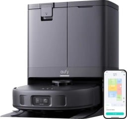 Eufy X10 Pro Omni vacuum in dock and phone with app open