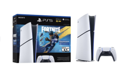 PlayStation 5 console, controller, and box featuring Fortnite game