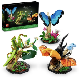 Lego Insects box beside built praying mantis, butterfly, and beetle