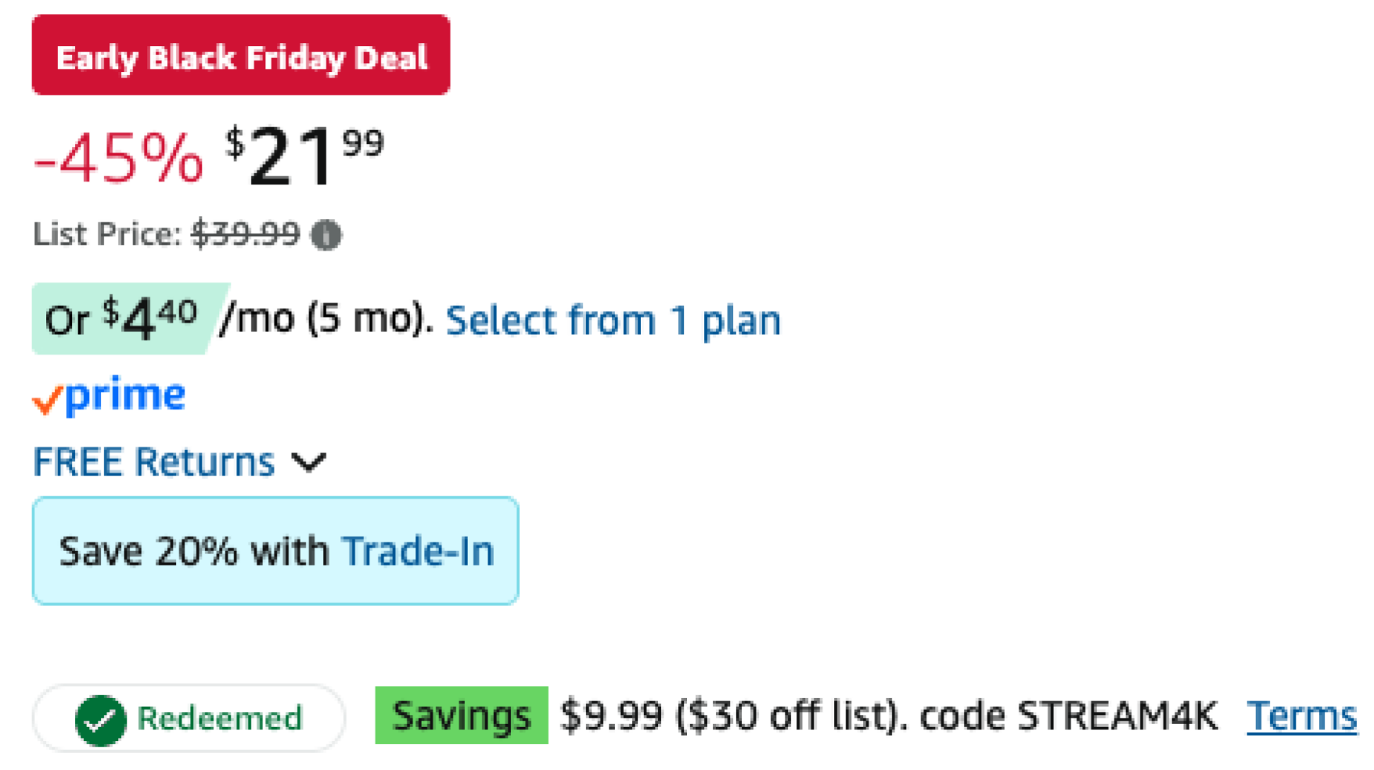 screenshot of pricing details at Amazon