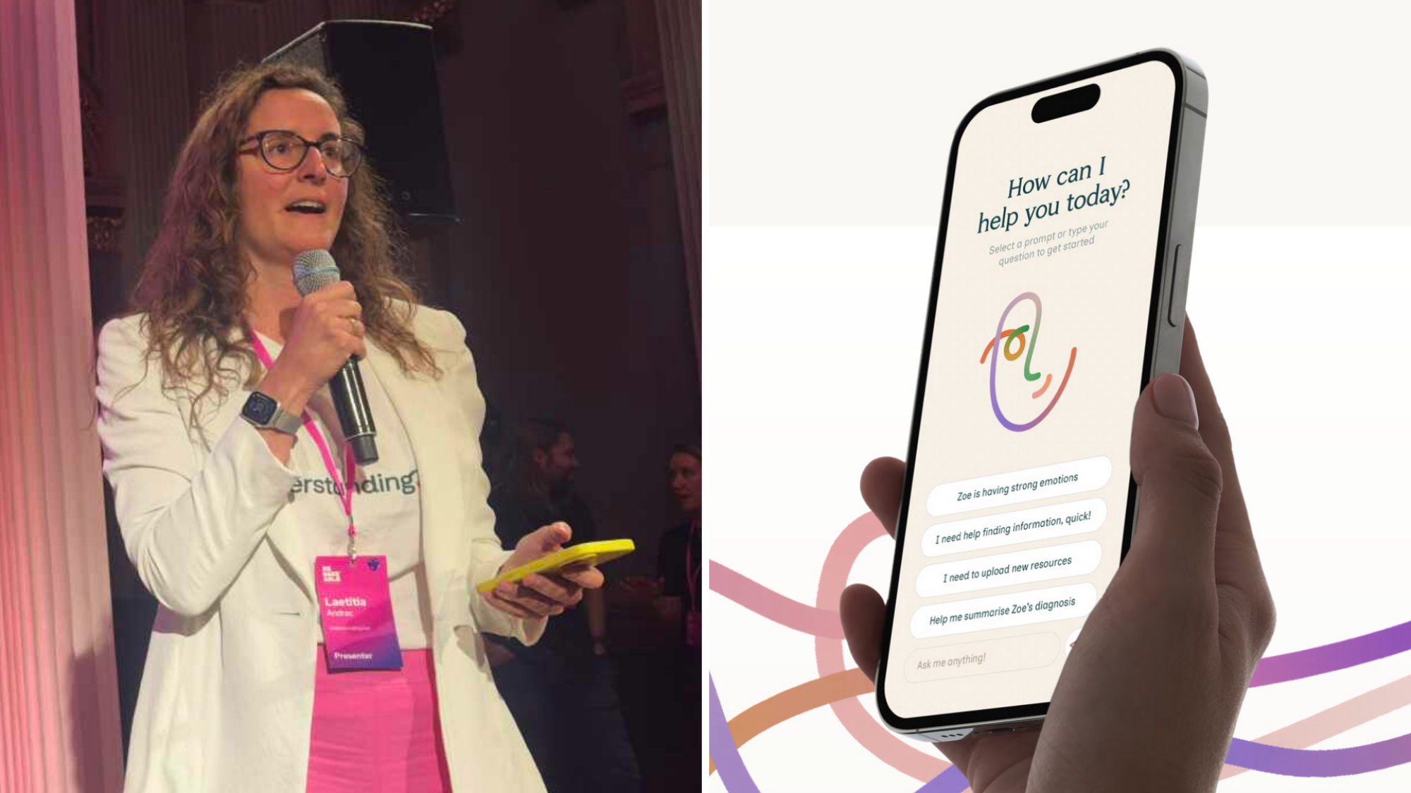 Two images. On the left is Understanding Zoe co-founder and CEO Laetitia Andrac. On the right is a promotional image of the UnderstandingZoe app running on a smartphone.