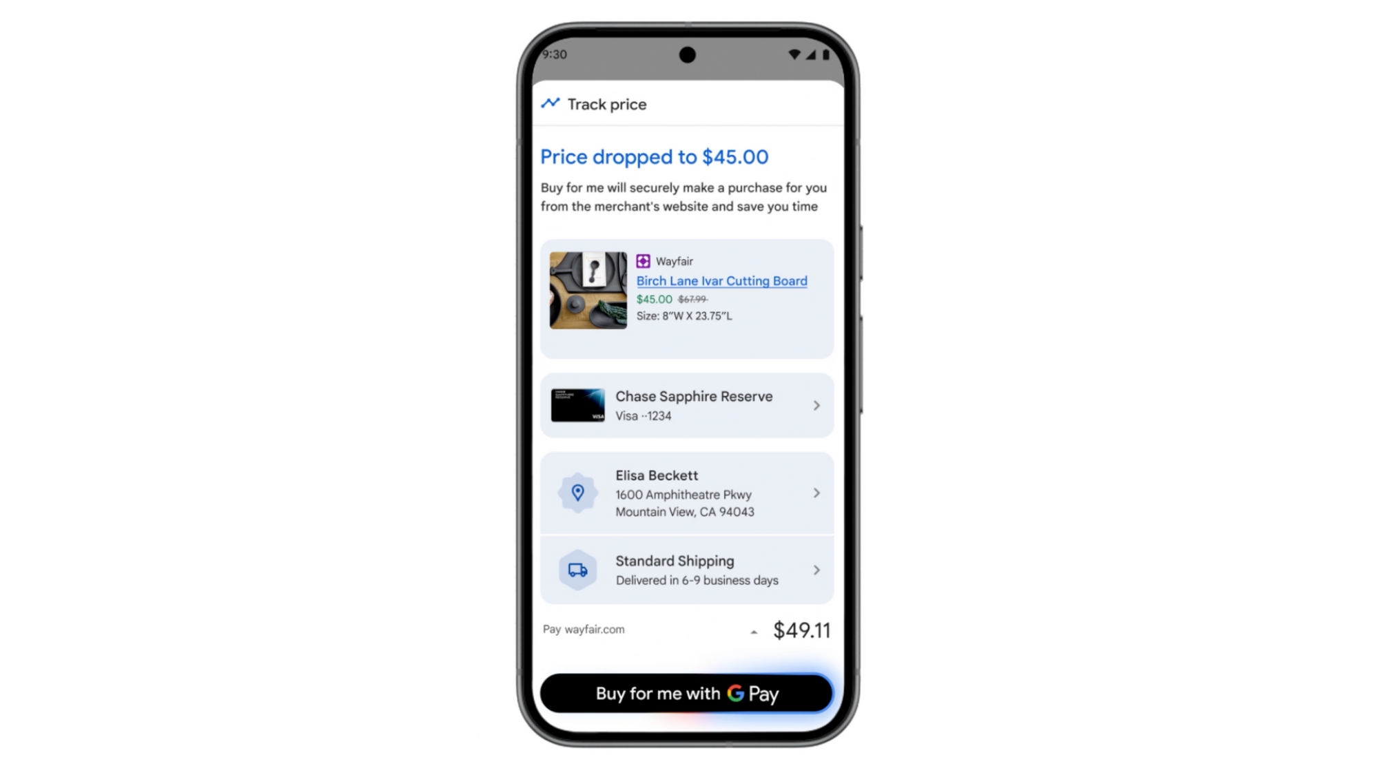 Google's new AI-powered price tracking and automated purchasing tool shown on a smartphone.