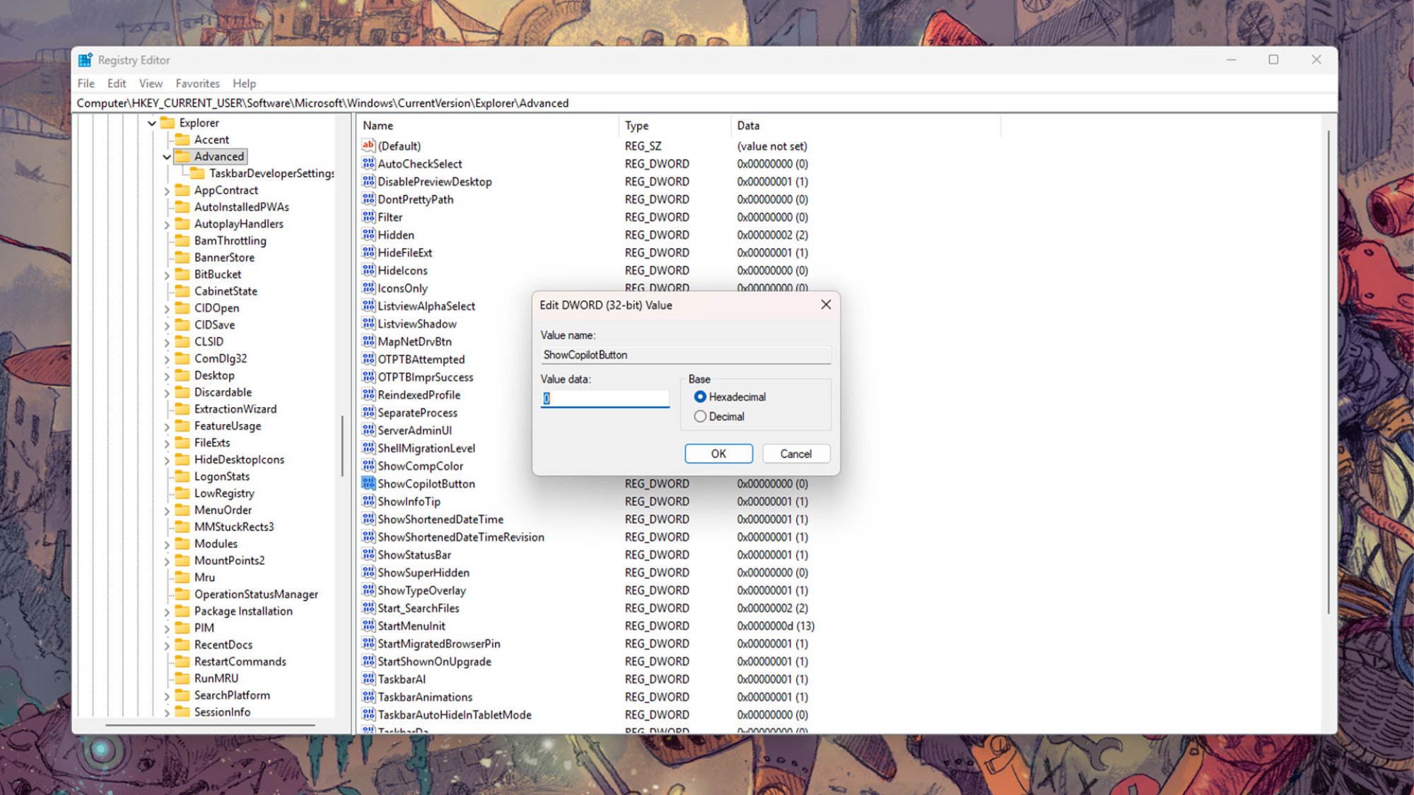 A screenshot of an advanced editing option in Windows that is used to help disable Copilot