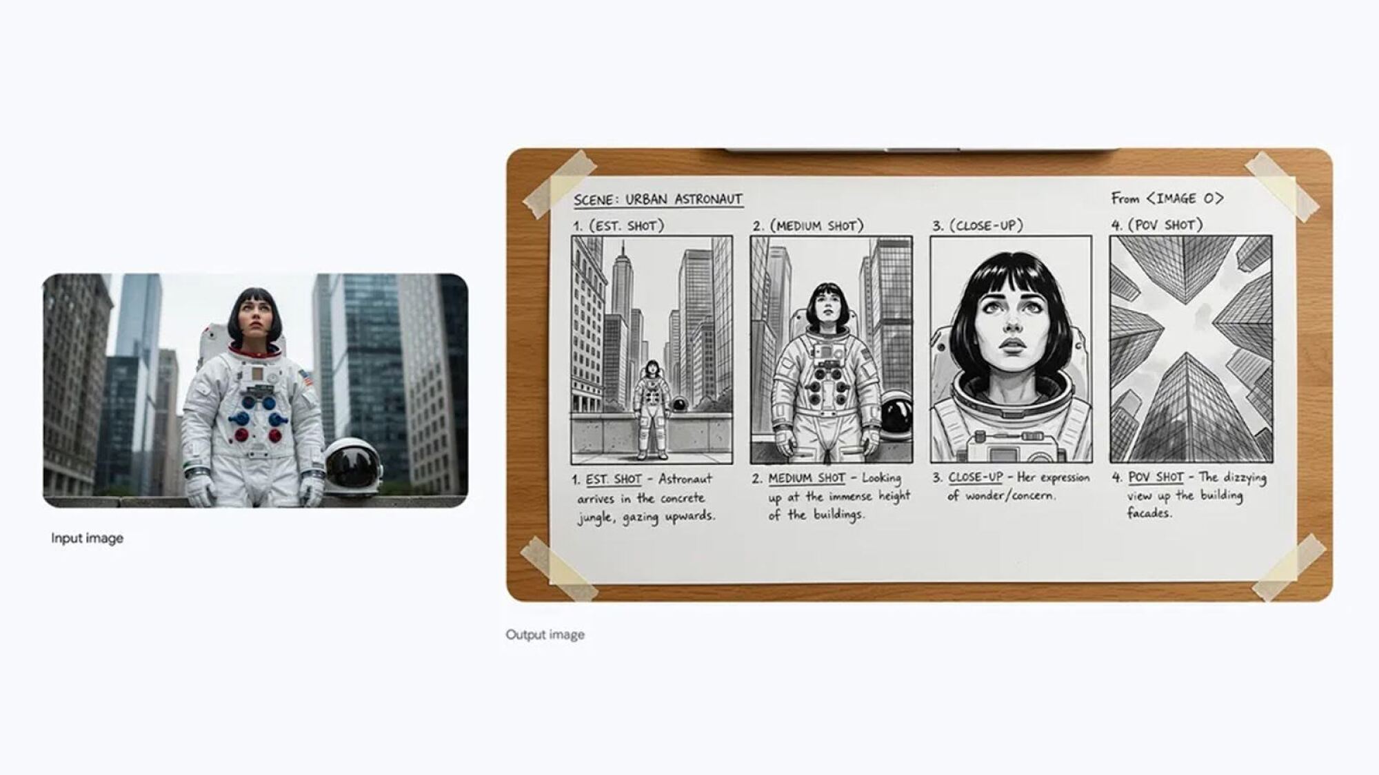 Two images are displayed side-by-side: one, showing a woman wearing a space suit staring up from a city street, is the "input image." the next image is an AI-generated illustration, showing multiple panels of a storyboard displaying a sequence of events in a film that could be created from this image.