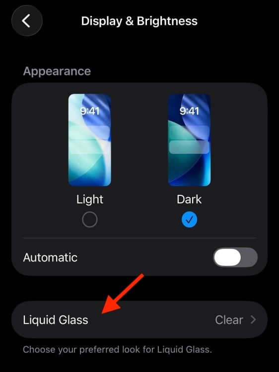 iOS settings app with a red arrow pointing to Liquid Glass