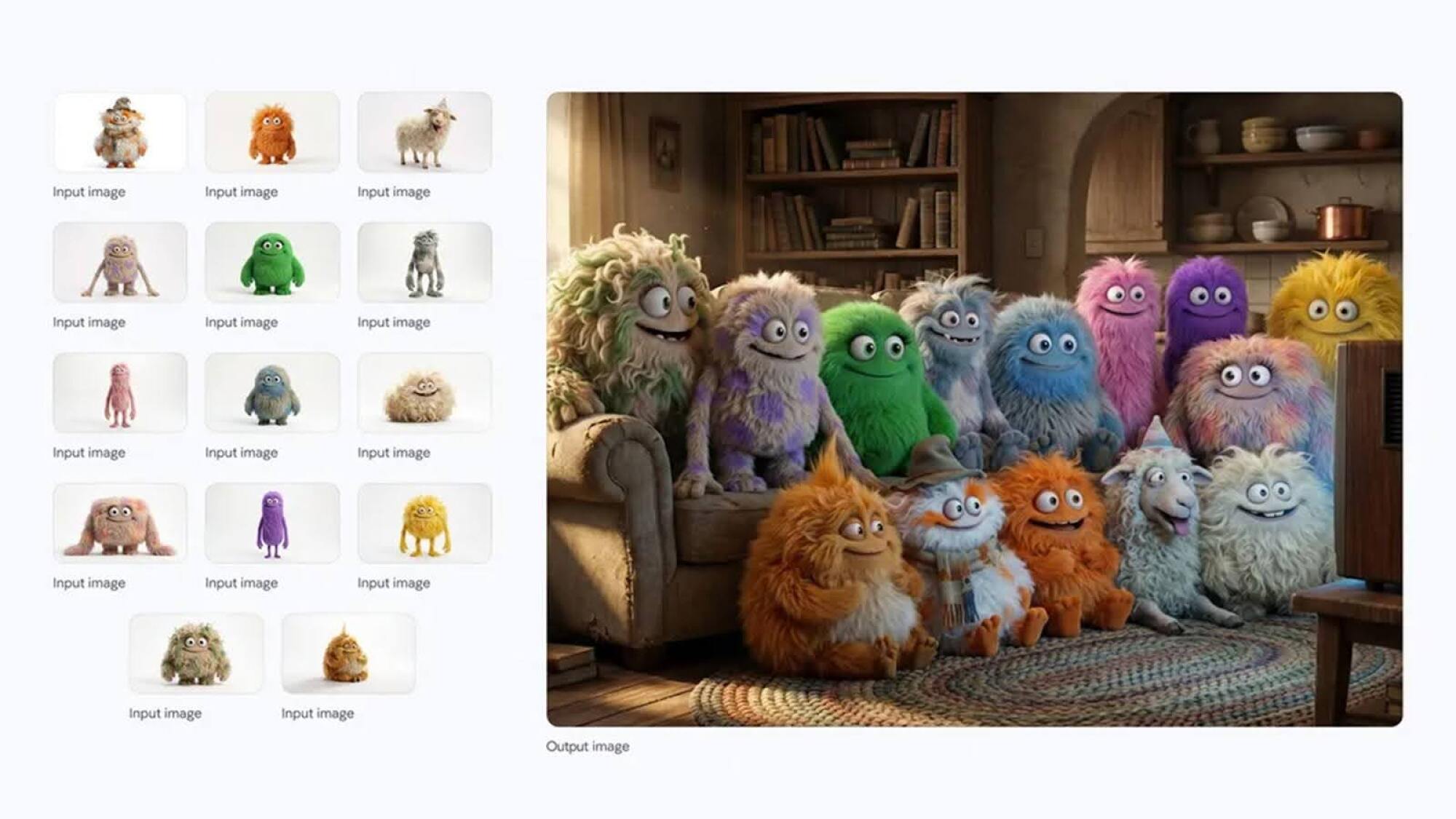 On the left, several individual images of colorful monsters are displayed. On the right, all of the pictured monsters have been assembled, using generative AI, into an image where they are sitting in a living room watching television together.