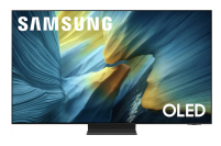 Samsung S95F OLED TV with blue and yellow cavern screensaver