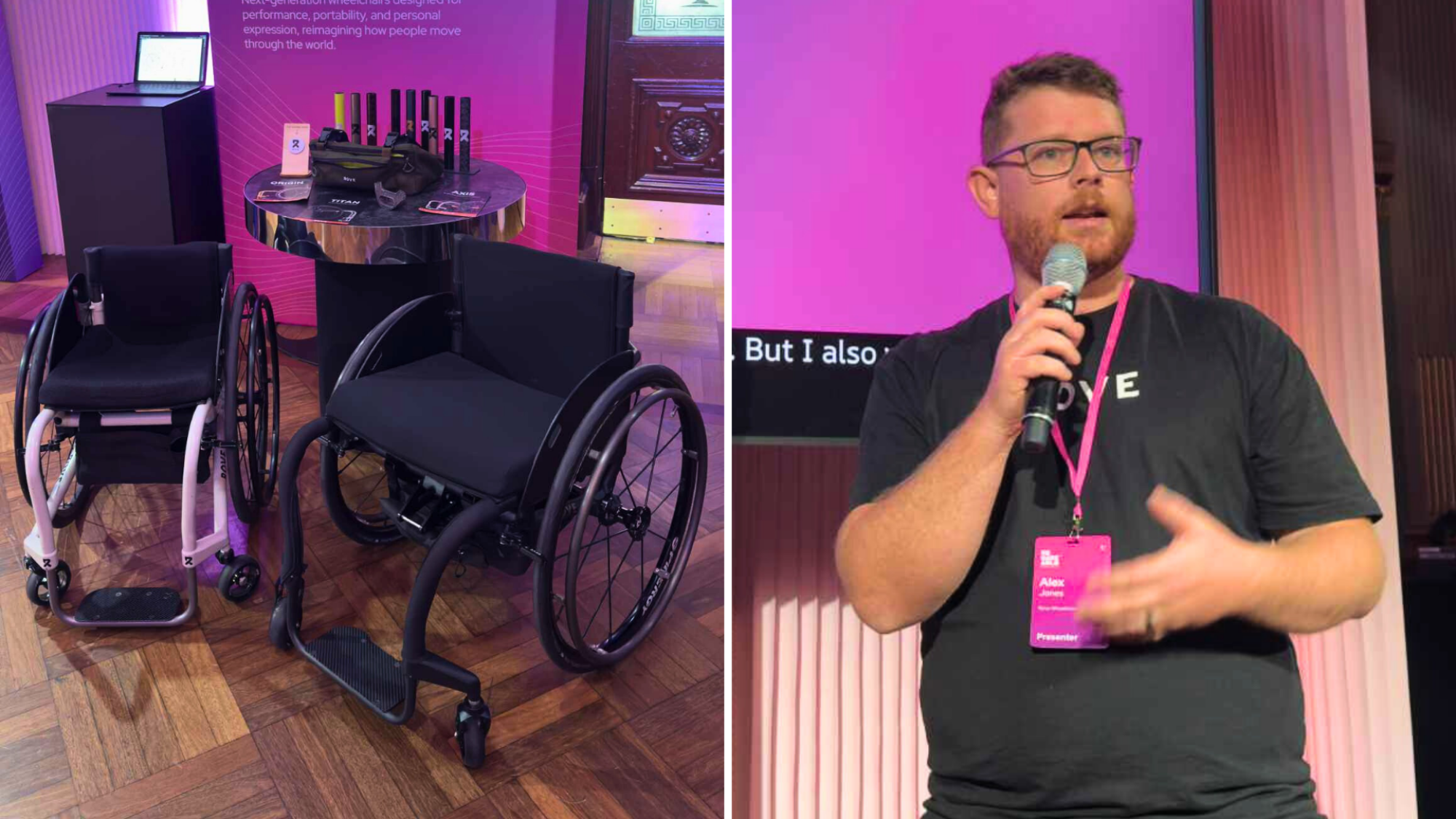Two images side by side. On the left are two wheelchairs in front of Rove's booth at Remarkable's 2025 Disability Tech Summit. On the right is Rove's national sales manager Alex Jones.