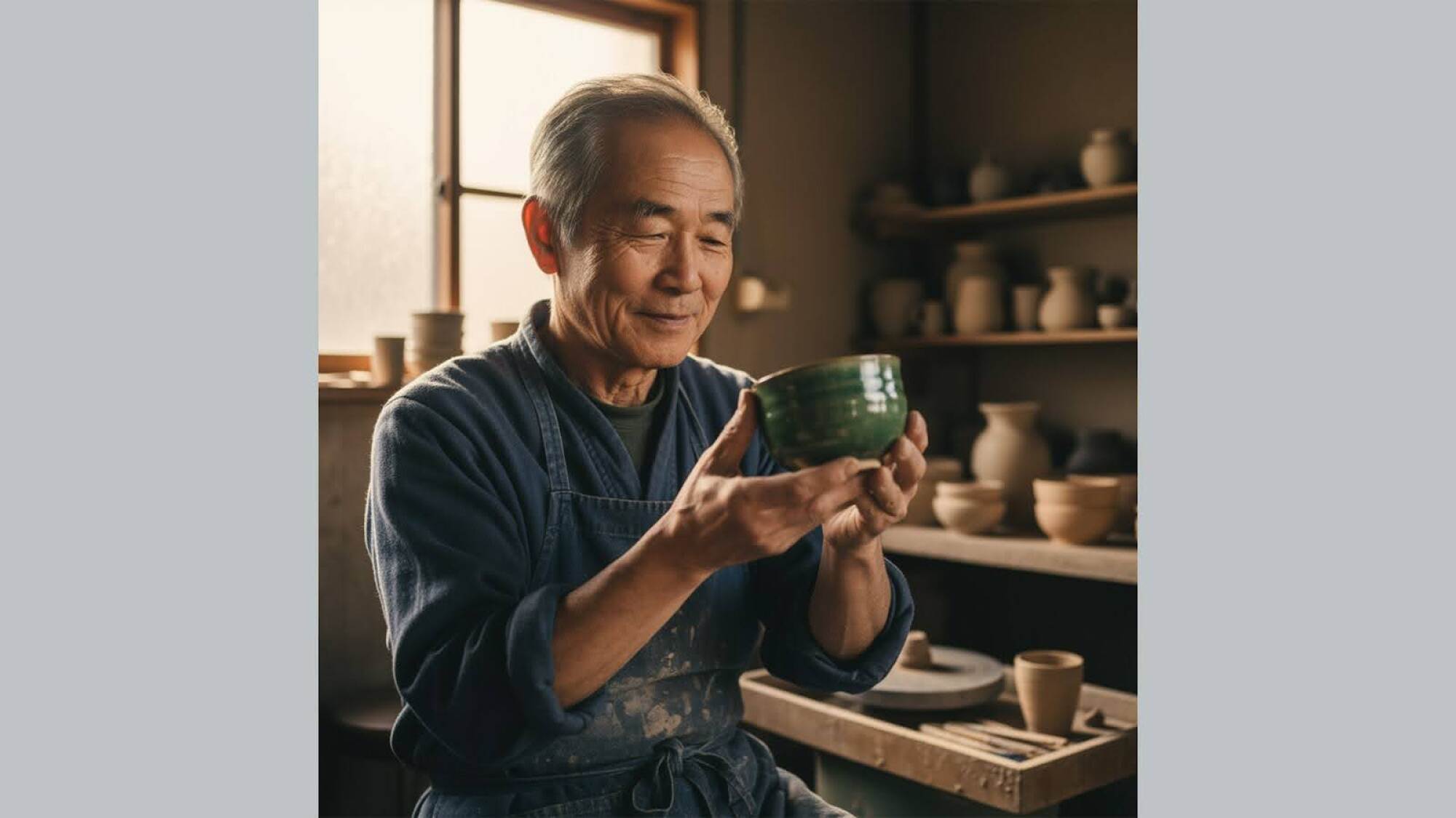 An AI-generated illustration of an older Asian man holding a piece of pottery