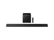 samsung soundbar and subwoofer against a white background