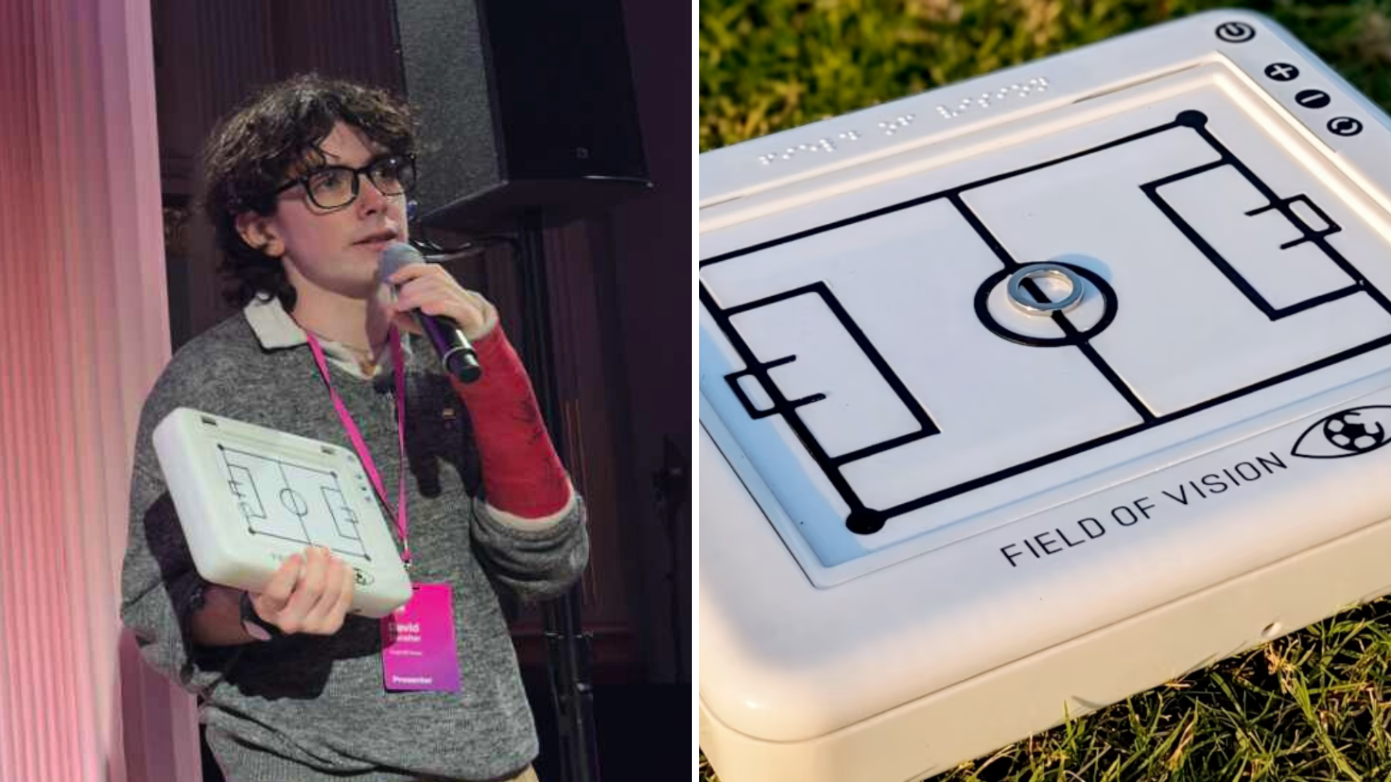 Two images. On the left is Field of Vision co-founder David Deneher. On the right is the Field of Vision device resting on grass.