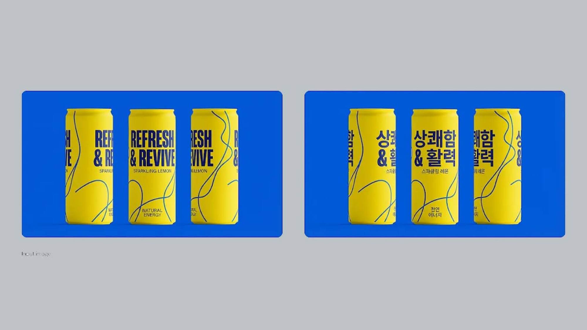 On the left, an image of the label of a beverage can reading "refresh & revivie" in English is displayed. On the right, the label has been translated into Korean.