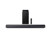 samsung soundbar and subwoofer against a white background