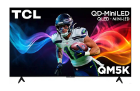 TCL QLED TV with football player and colorful light streaks as screensaver