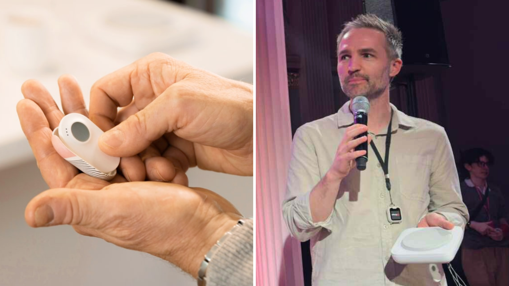 Two images. On the left is an Umps personal alarm in someone's hand. On the right is Umps co-founder and CEO Adam Jahnke.