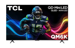 TCL QM6K TV with football player and colorful light streaks as screensaver
