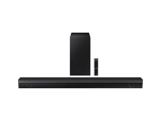 samsung soundbar and subwoofer against a white background