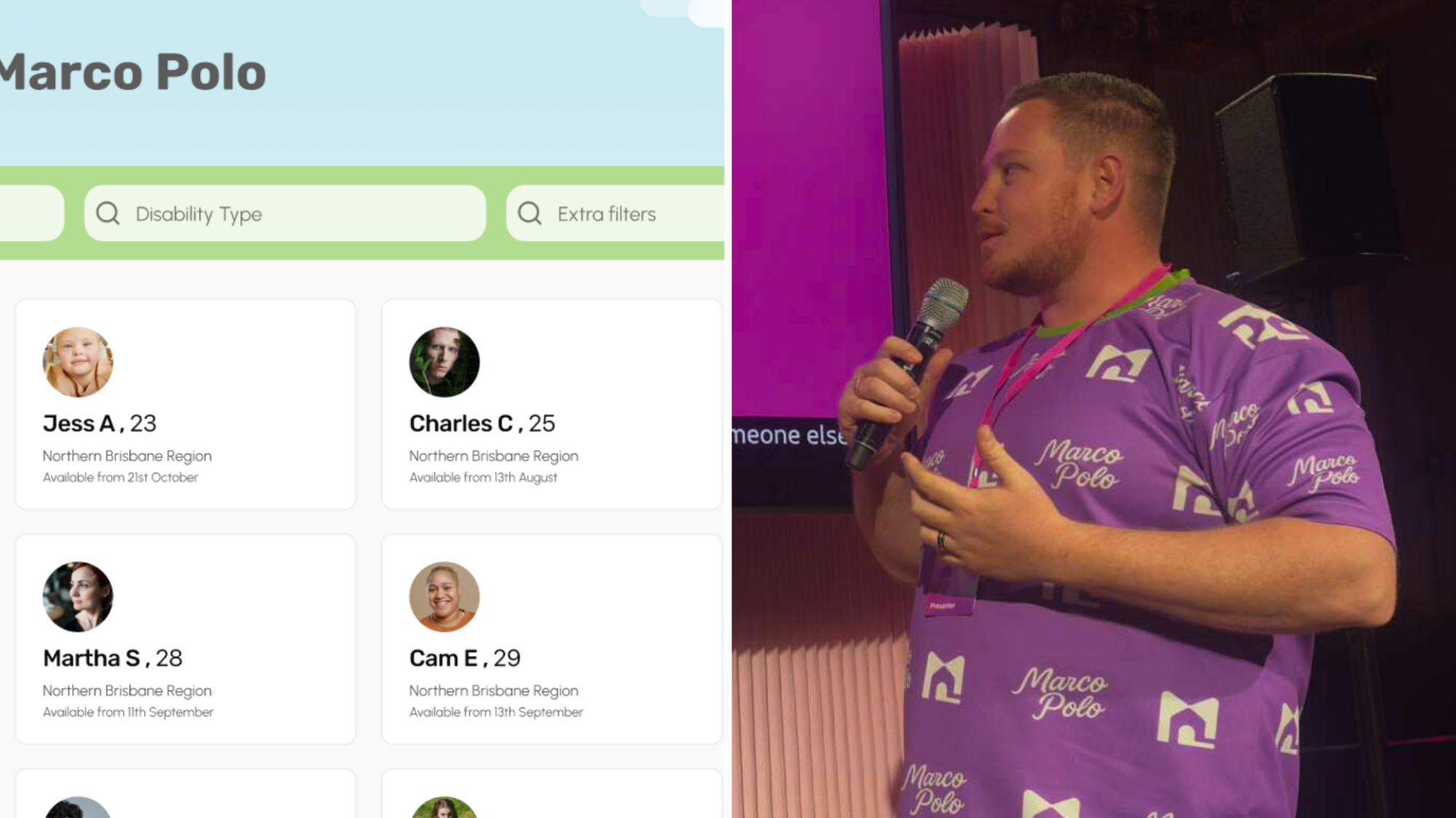 Two images. On the left is an example of the Marco Polo interface, showing potential housemates' profiles. On the right is Marco Polo co-founder Aaron Cotton.