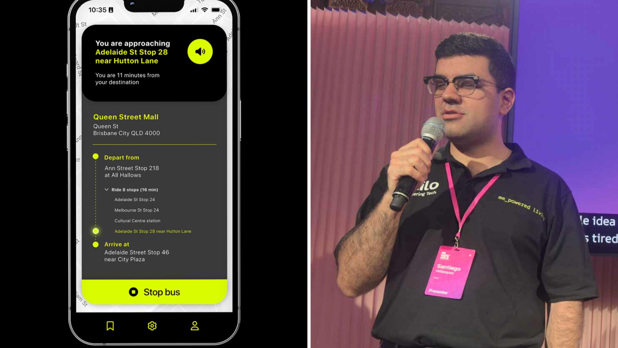 Two images. On the left is the Hailo app displayed on a smartphone. On the righth is Hailo co-founder and CTO Santiago Velasquez.