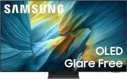 Samsung S95F TV with blue and yellow cavern screensaver