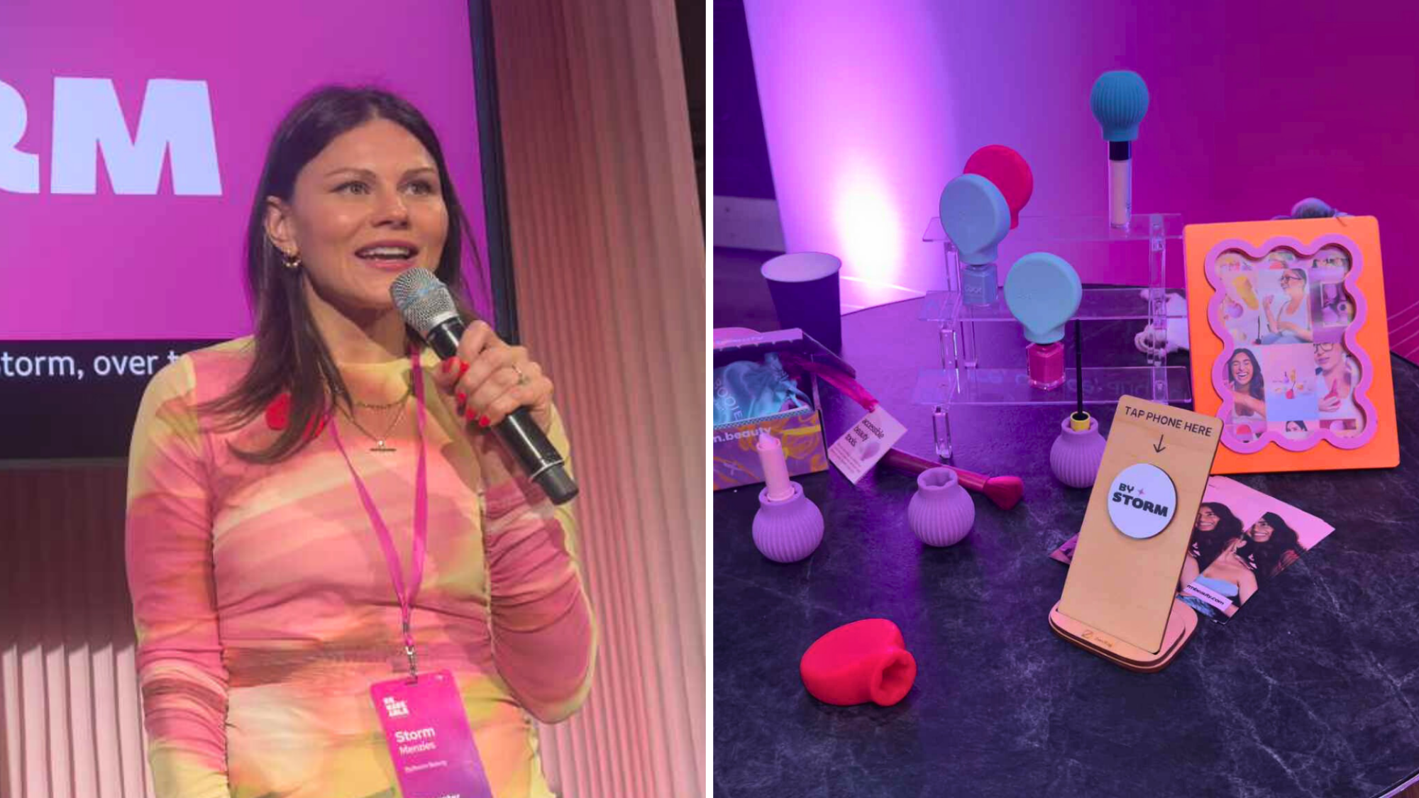 Two images. On the left is ByStorm Beauty founder Storm Menzies. On the right are several ByStorm Beauty tools on display at Remarkable's 2025 Disability Tech Summit.